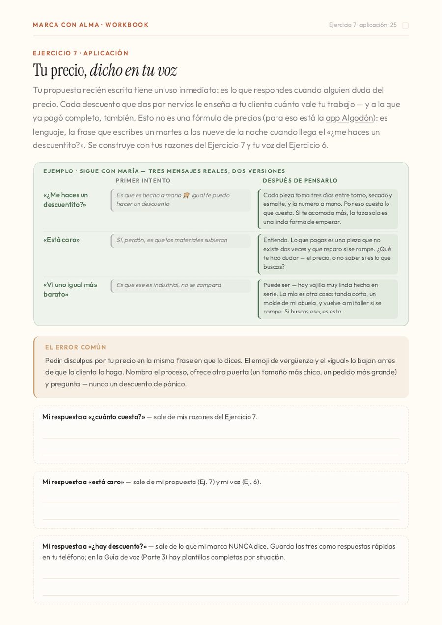 Ejercicio 7 · aplicación — tu precio, dicho en tu voz: tres mensajes reales, primer intento y versión trabajada